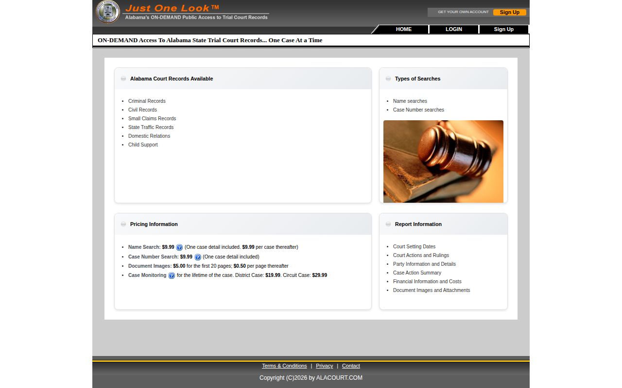 Alabama Just One Look court record portal search screen