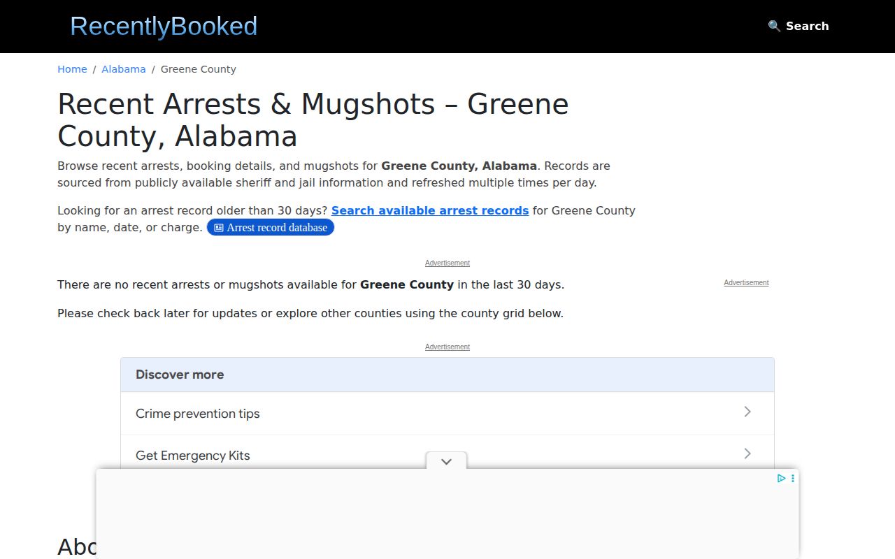 Unofficial Greene County arrest reports page showing empty coverage