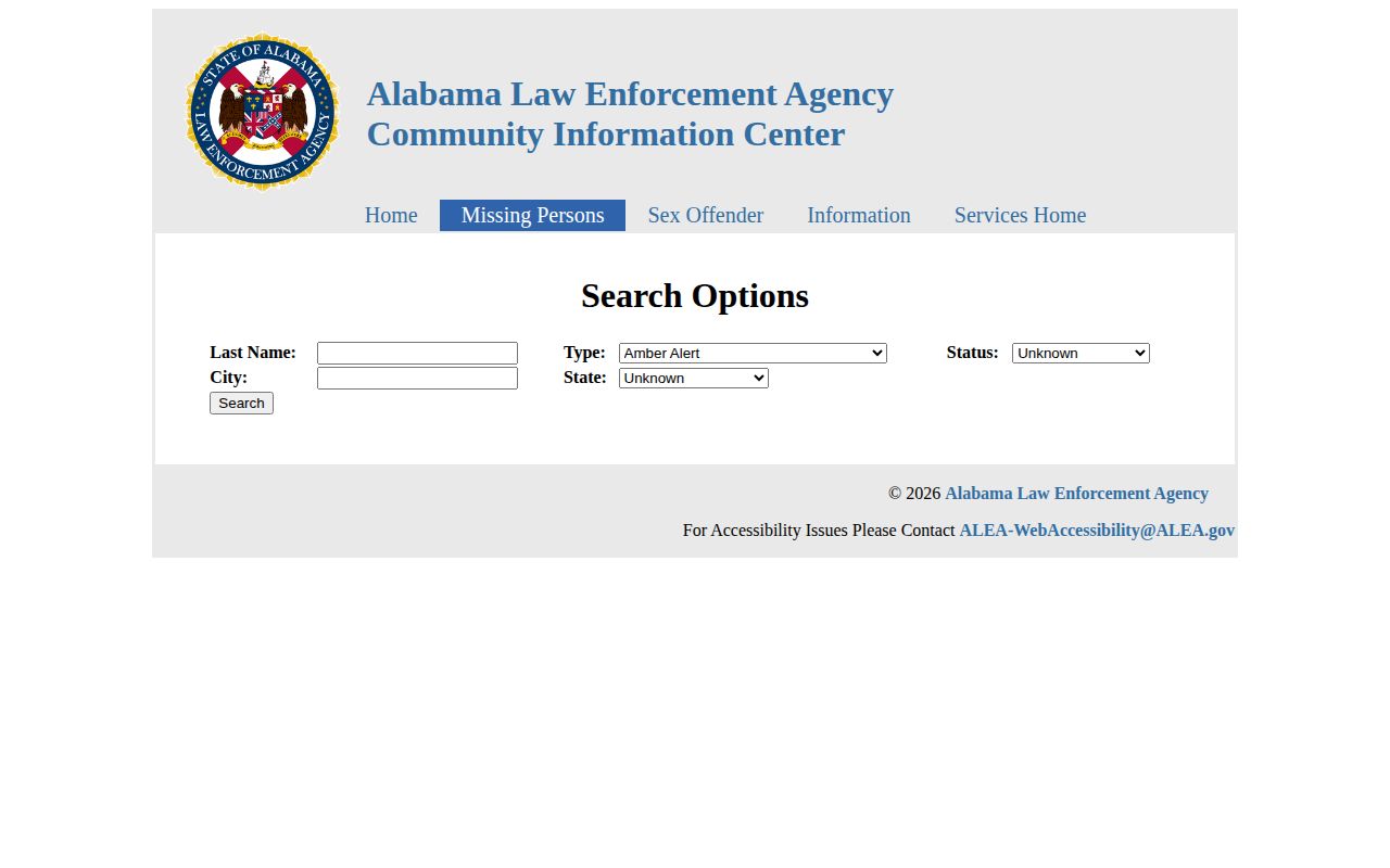 Alabama Law Enforcement Agency fugitive search form