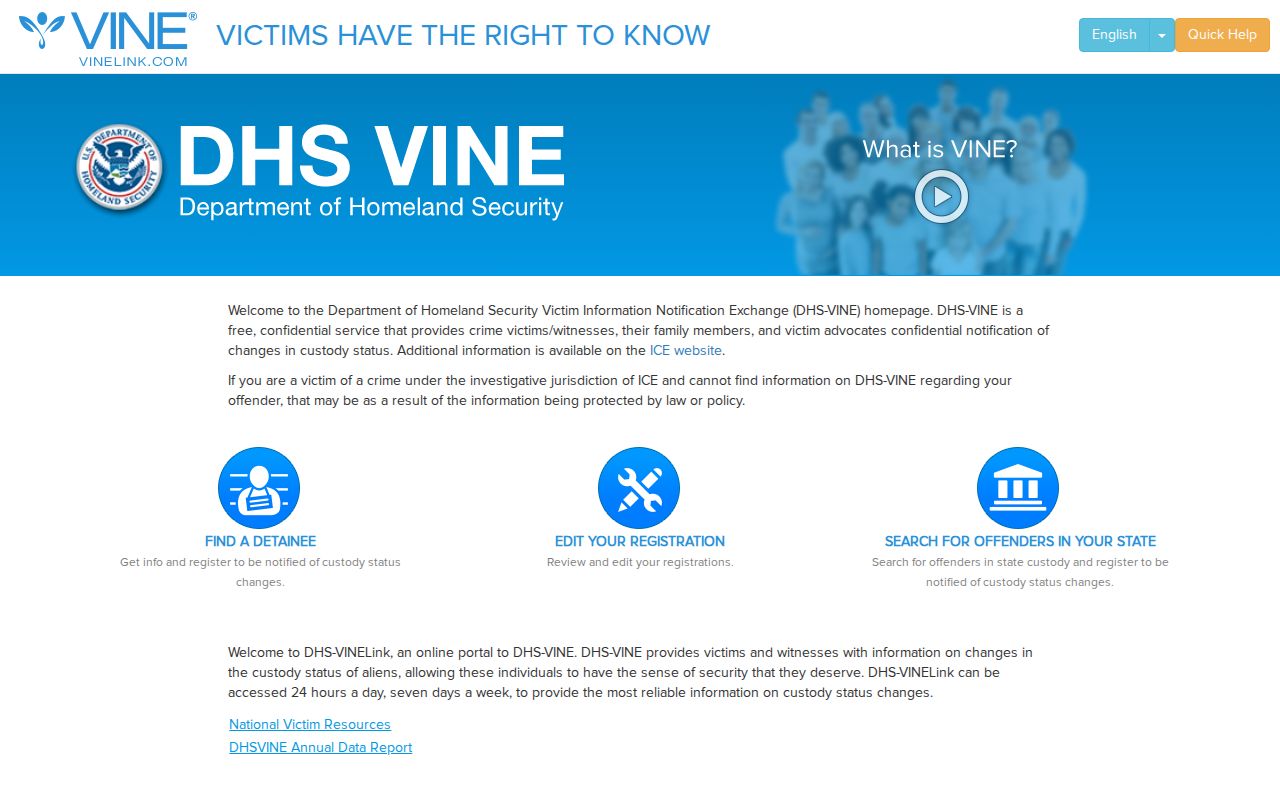 DHS VINELink immigration custody interface